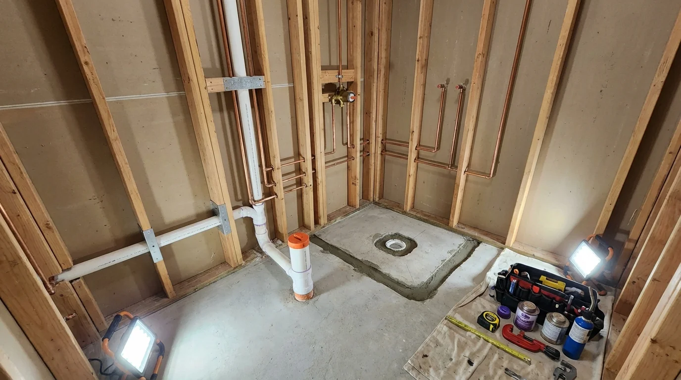 Bathroom rough-in plumbing during remodel by Johns Plumbing LLC in Shadyside