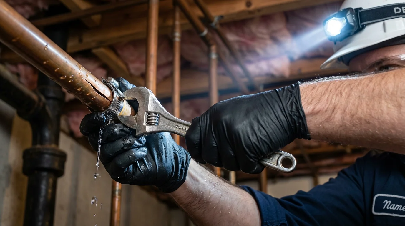 Emergency pipe clamp repair being performed by a Johns Plumbing LLC plumber in Shadyside