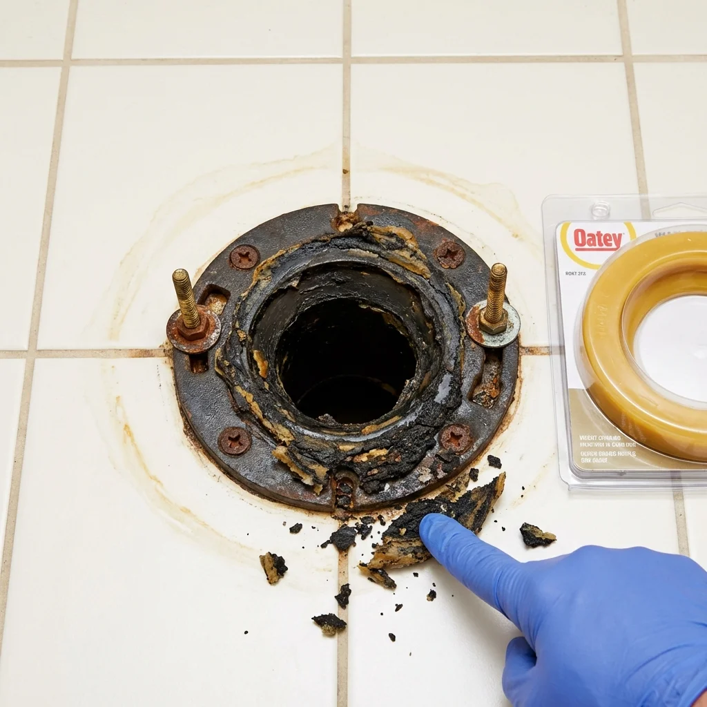 Failed wax ring showing water seepage at the base of a toilet in a Shadyside, OH home