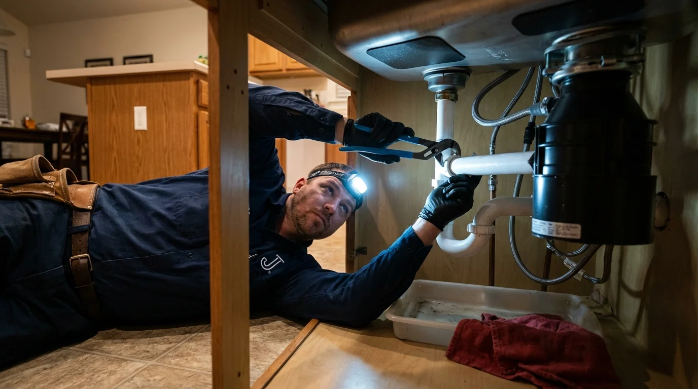 P-trap and supply line connections under a kitchen sink showing a common leak point in Shadyside, OH